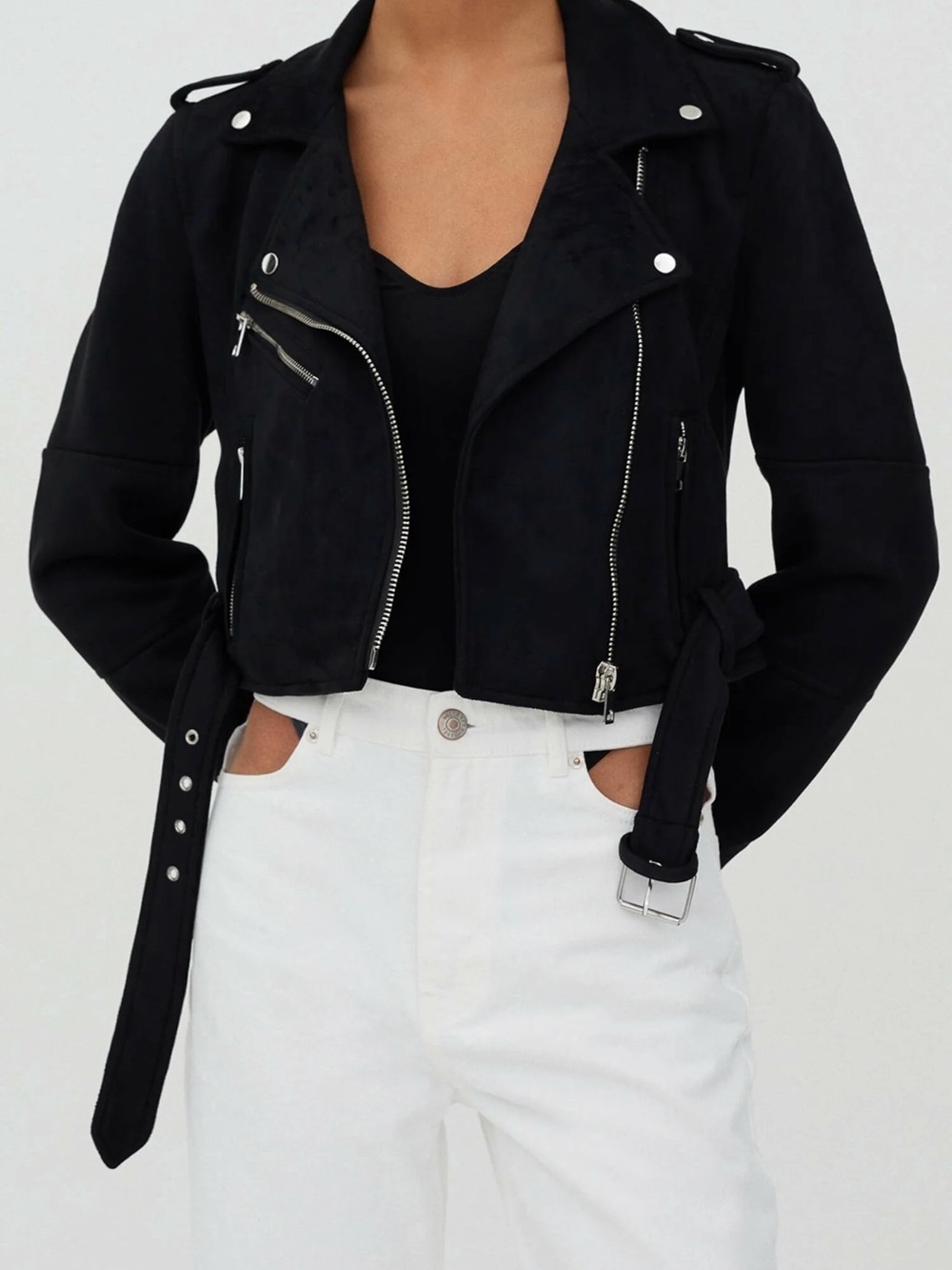 Navy Cropped Moto Jacket with Belt